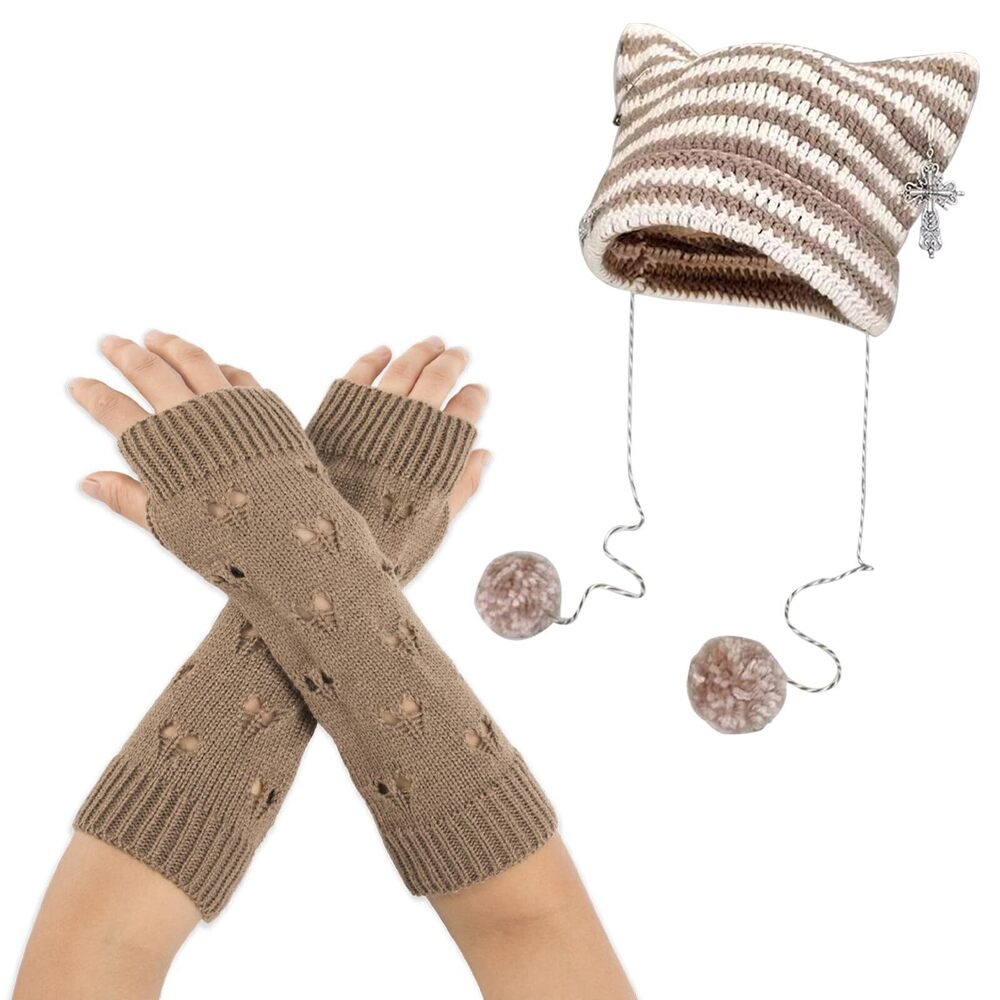 3393 Crochet Hats Cat Beanie with Gloves Girls Accessories Goth Grunge